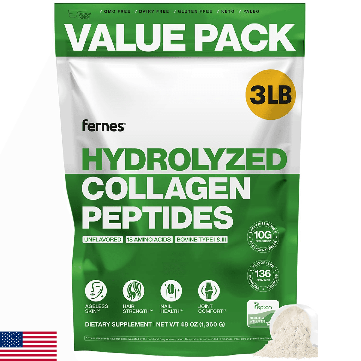 Hydrolyzed Collagen Peptides Powder 3LB, Type I & III, Flavorless, Grass-Fed - Image 1