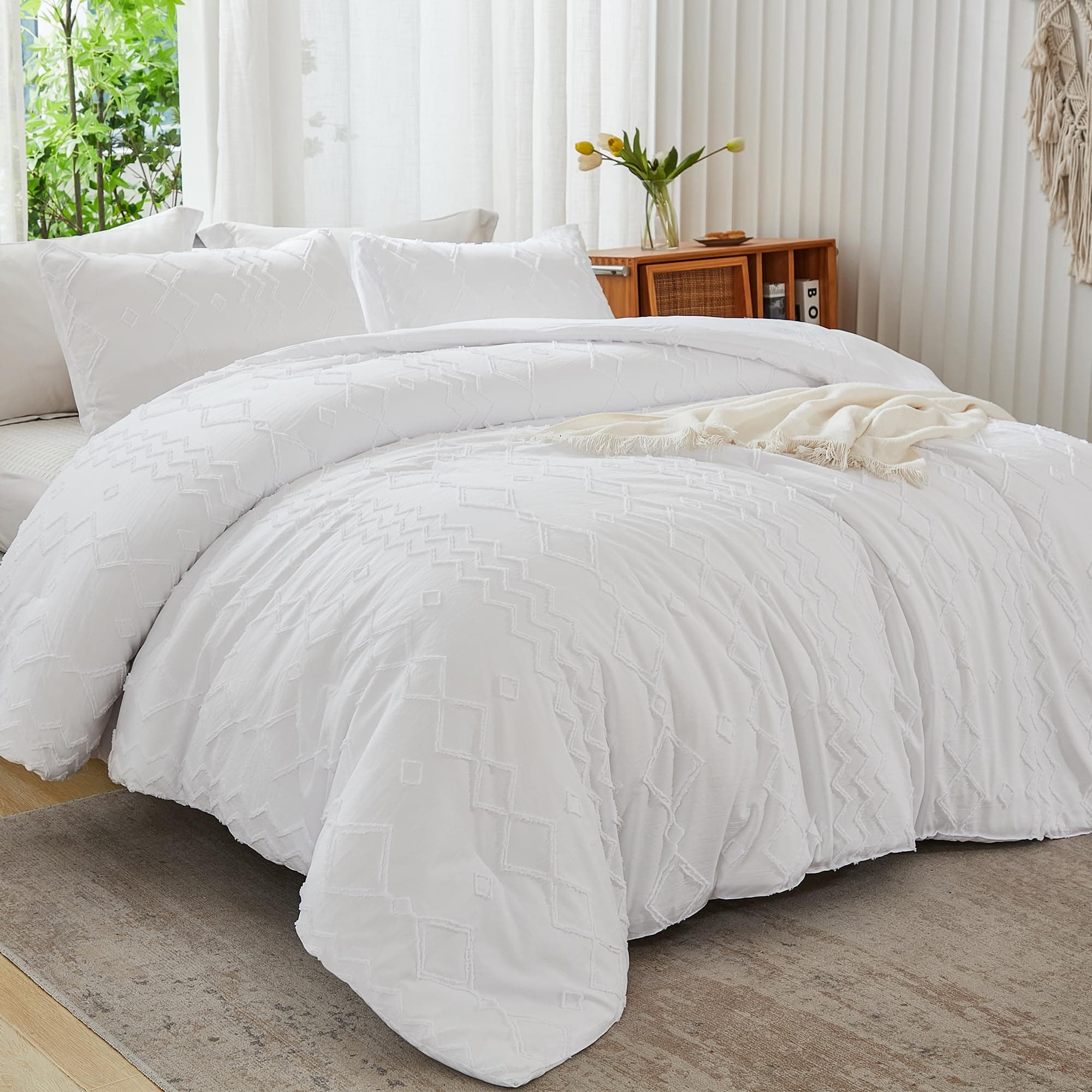Andency White Tufted Comforter Set Twin 66x90in 2 Pieces Boho Microfiber Bedding - Image 1