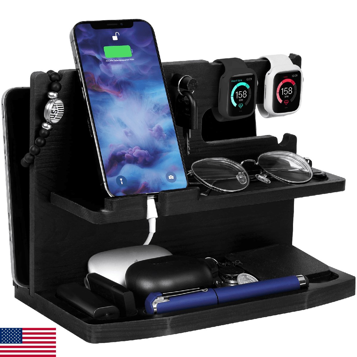 Gifts for Men Desk or Nightstand Organizer - Wood Phone Docking Station - Birthd - Image 1