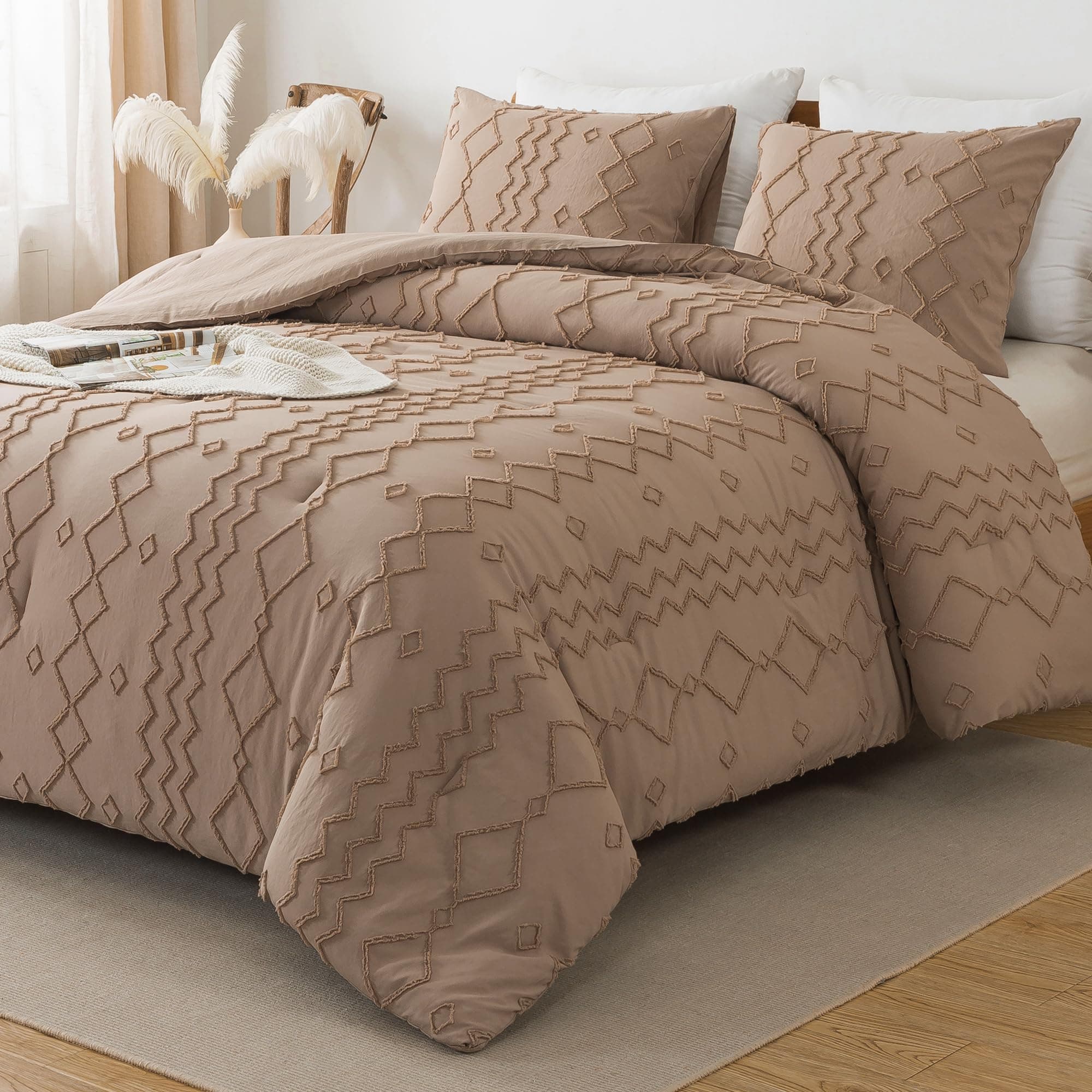 Andency Taupe Tufted Comforter Set Twin, 2 Pieces, Boho Geometric - Image 1