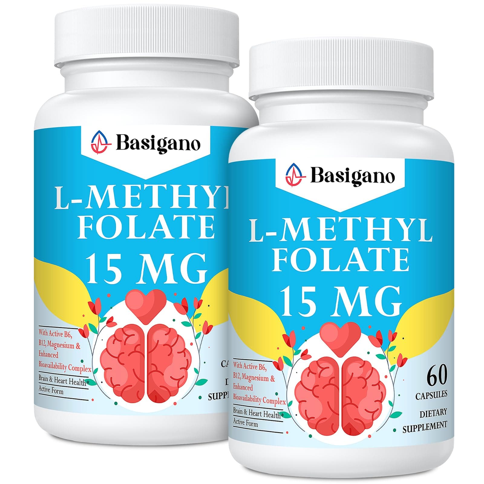 Basigano 15mg L-Methylfolate (5-MTHF) B6 B12 Vegetarian Capsules Non-GMO Gluten- - Image 1