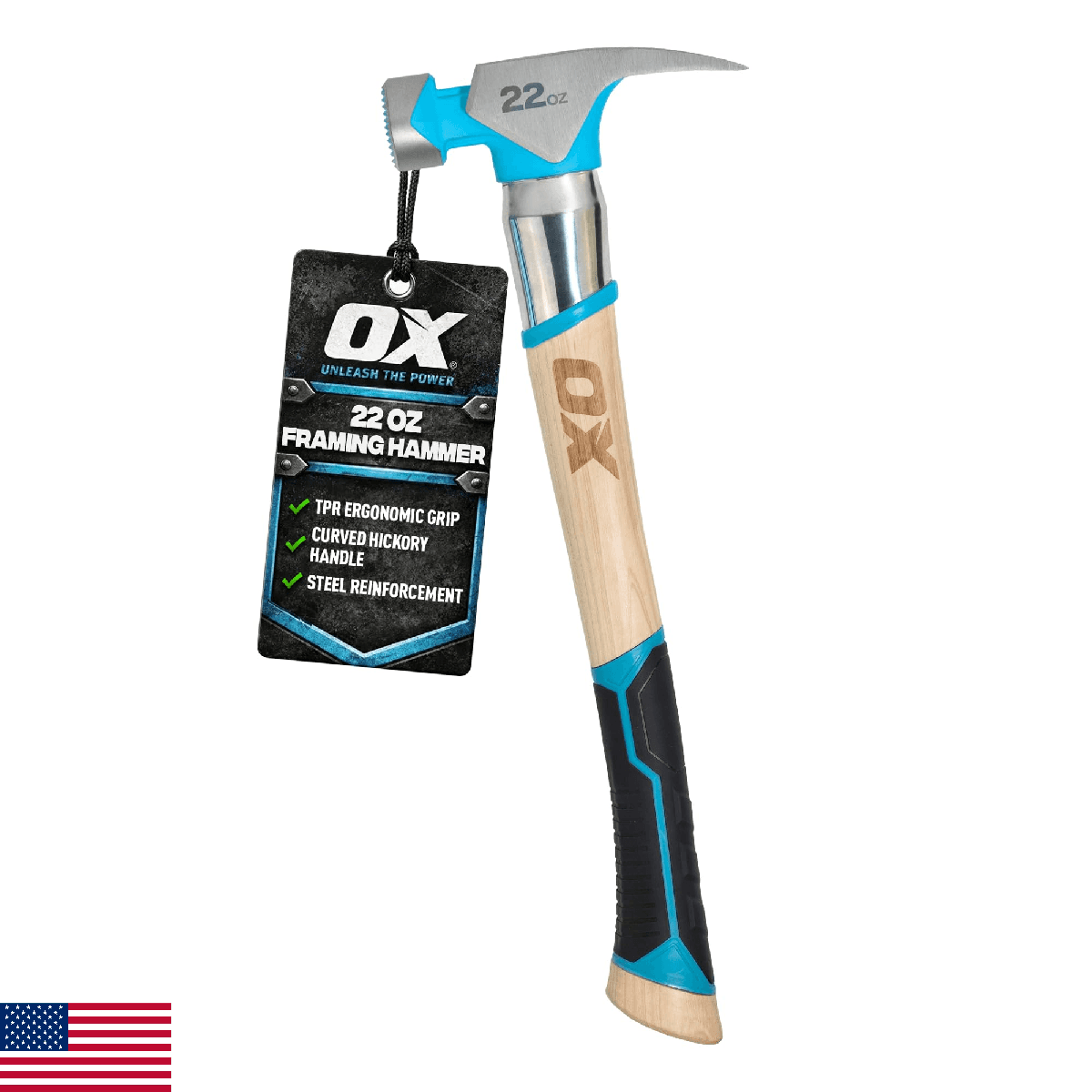 OX Tools Pro 22oz Milled Face Framing Hammer, Curved Hickory Handle - Image 1