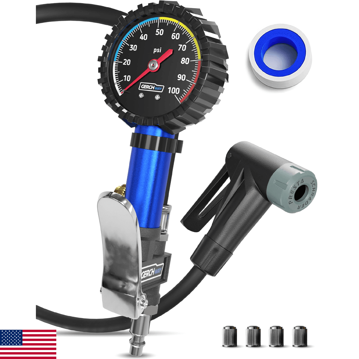 Presta & Schrader Valve Bike Tire Inflator Air Chuck Pressure Gauge 0-100 PSI - Image 1