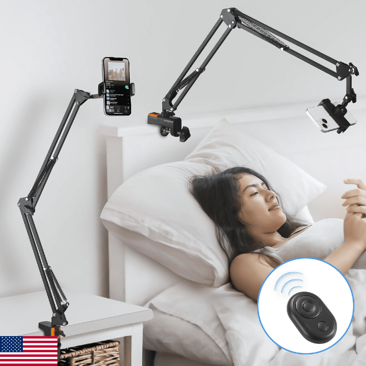 Phone Holder Bed Desk Overhead Mount w/ Wireless Remote Flexible Gooseneck Arm - Image 1