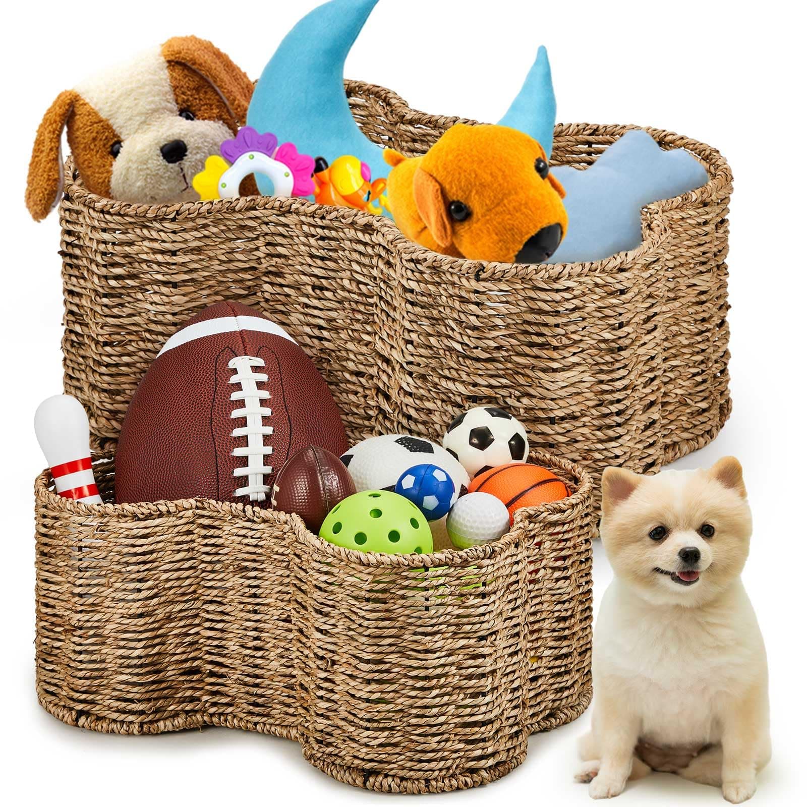 Maxcheck 2 Pcs Bone Shaped Wicker Dog Toy Baskets Bins Storage Handmade Seagrass - Image 1