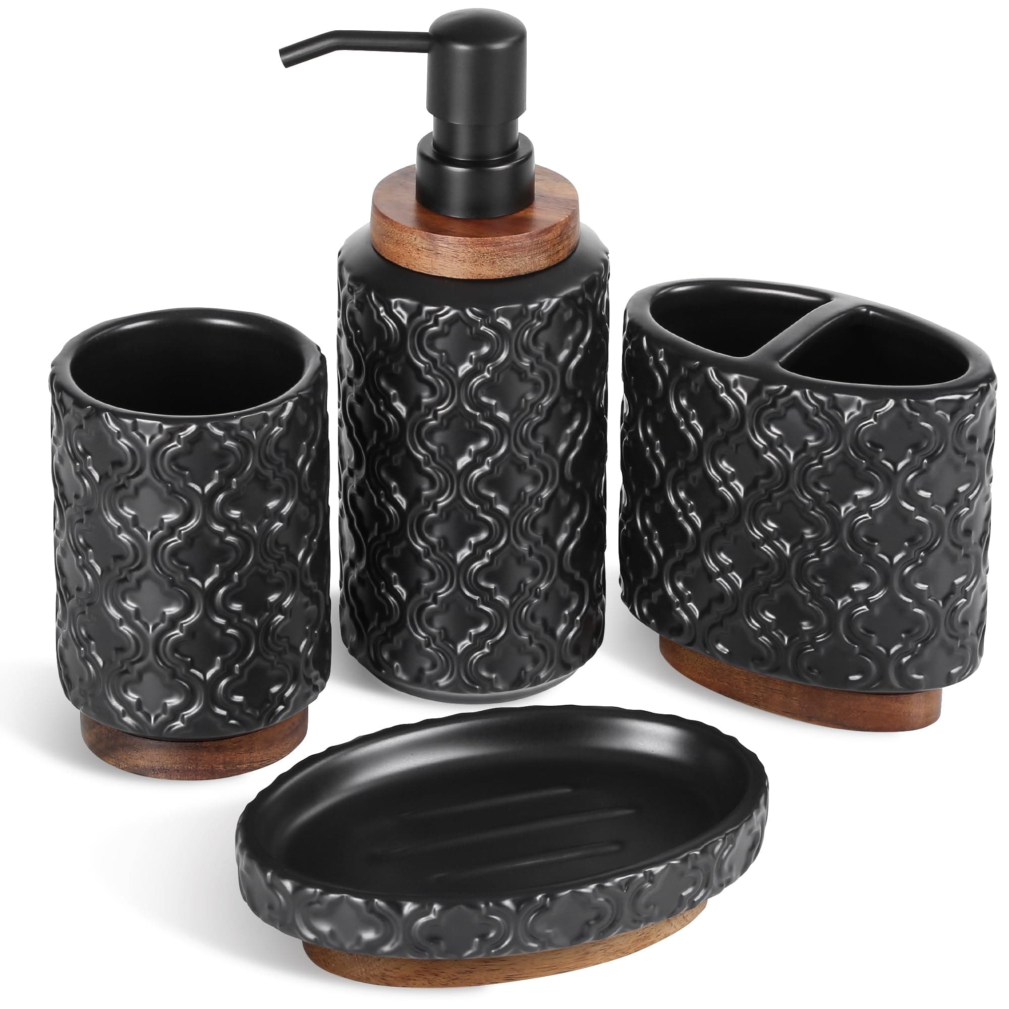 RQYIXI 4PC Ceramic Bathroom Accessories Set - Toothbrush Holder, Soap Dispenser - Image 1