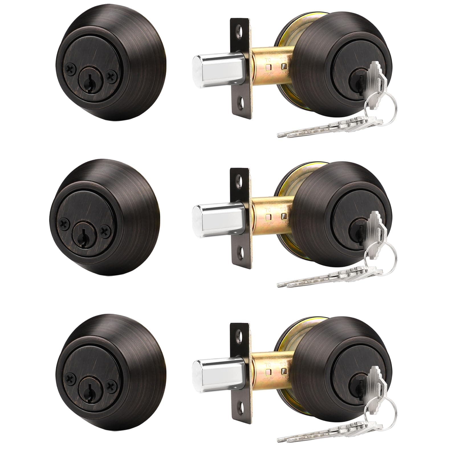 Probrico 3 Pack Oil Rubbed Bronze Double Cylinder Deadbolt Lock Round Keyed Both - Image 1