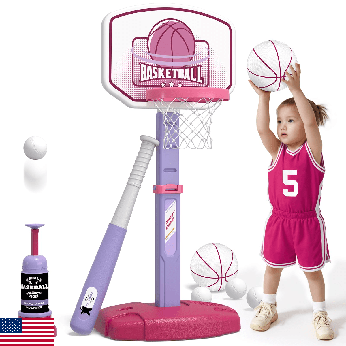 Wee Wonders 2-in-1 Toddler Basketball Hoop & T-Ball Set Auto Pitching - Image 1