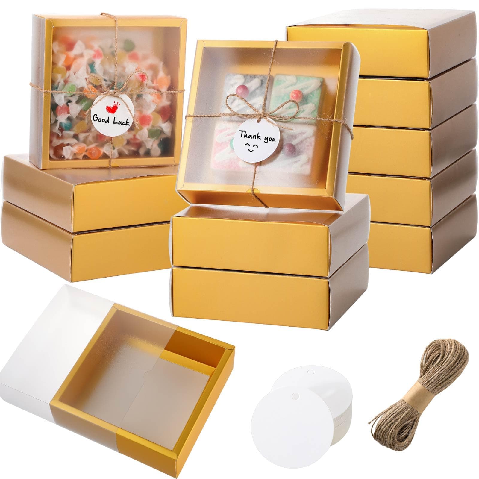 Roowest 50 Sets Kraft Gift Boxes with Window & Tags Jute String Jewelry Candy - Image 1