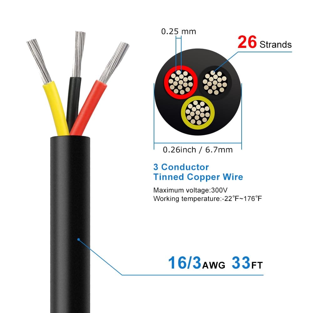 16AWG 3-Conductor Electrical Wire 33FT PVC Tinned Copper 16/3 Extension Cable - Thumbnail 3