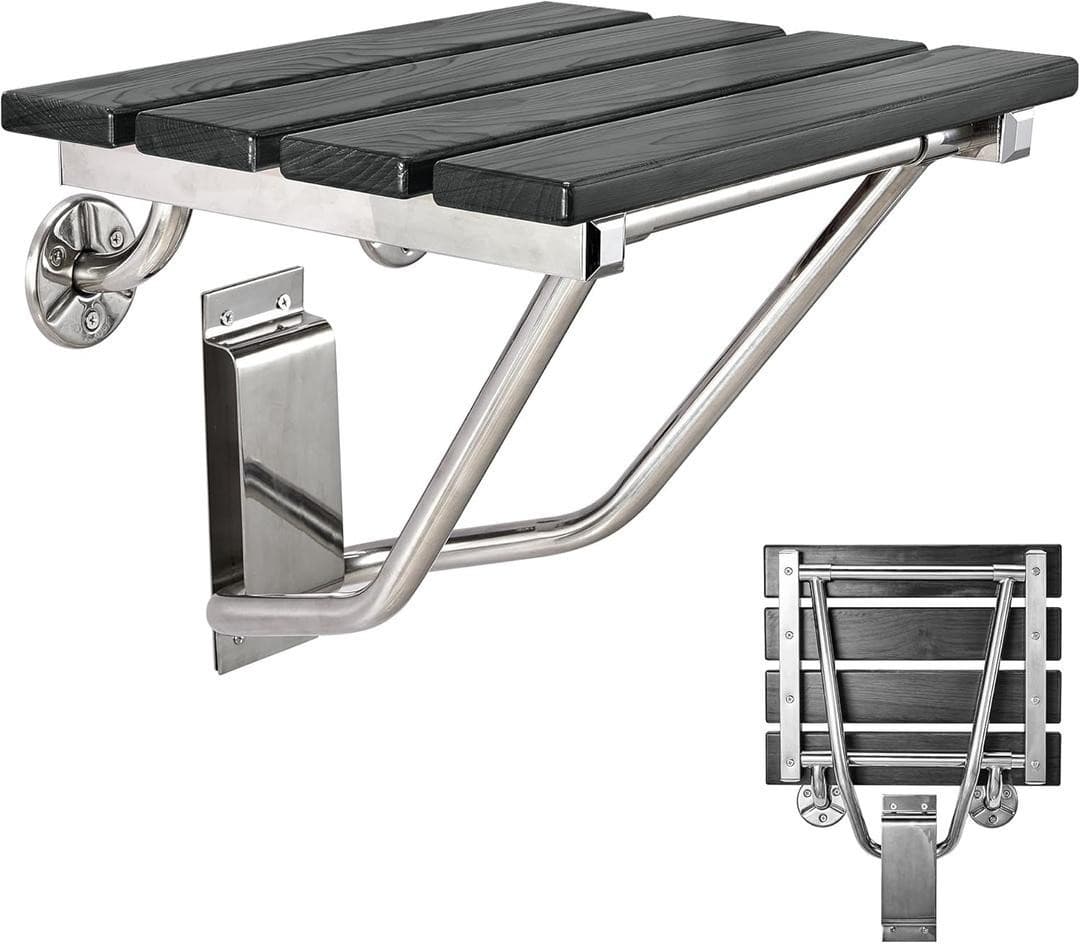 Folding, Height Adjustable, Black, Stainless, Shower Chair Seat - Thumbnail 2