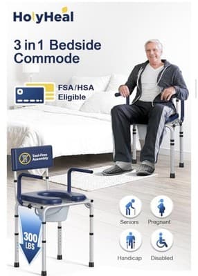 New Drop Arm Bedside Commode Toilet Supports 300lbs Removable Bucket- HolyHeal - Thumbnail 8