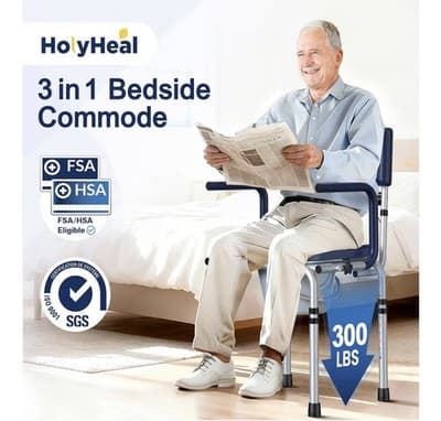 New Drop Arm Bedside Commode Toilet Supports 300lbs Removable Bucket- HolyHeal - Thumbnail 3