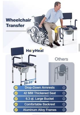 New Drop Arm Bedside Commode Toilet Supports 300lbs Removable Bucket- HolyHeal - Thumbnail 10