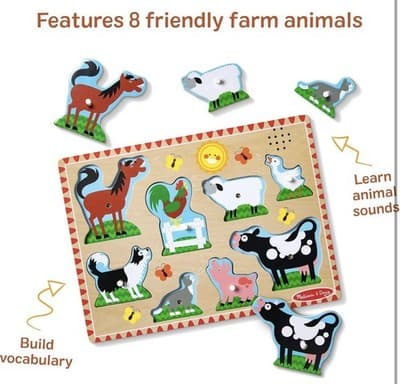 New W/ Batteries Melissa & Doug Farm Animals Wooden Peg Puzzle With Sound - Thumbnail 8