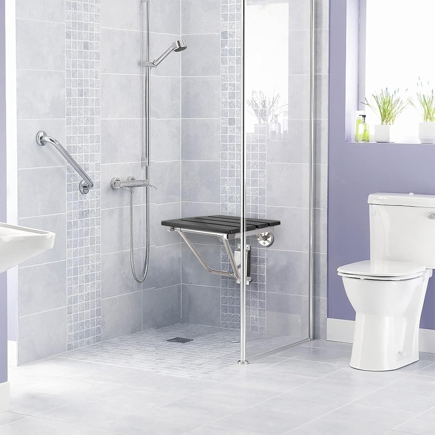 Folding, Height Adjustable, Black, Stainless, Shower Chair Seat - Thumbnail 4