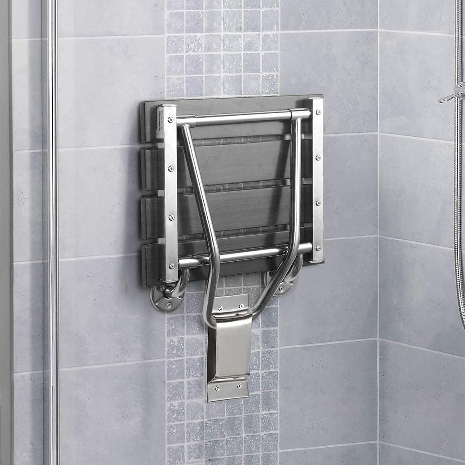 Folding, Height Adjustable, Black, Stainless, Shower Chair Seat - Thumbnail 5