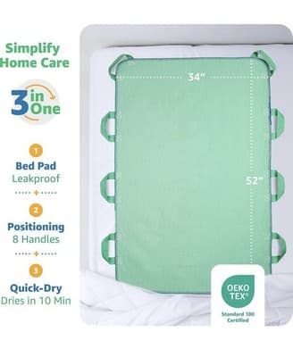 Improvia Positioning Bed Pad LARGE 34" x 52" Green 8 Reinforced Handles Washable - Thumbnail 2