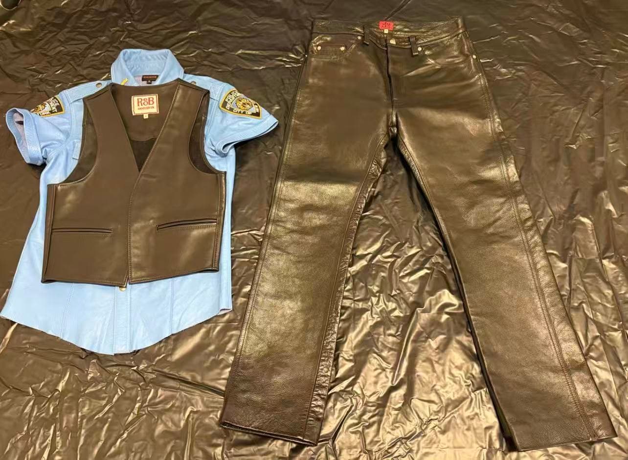 665 Blue Cowhide Leather Shirt + 665 Cowhide Leather Pants + LeatherMaster Cowhide Leather Pants + ROB Cowhide Leather Vest Set - Image 1