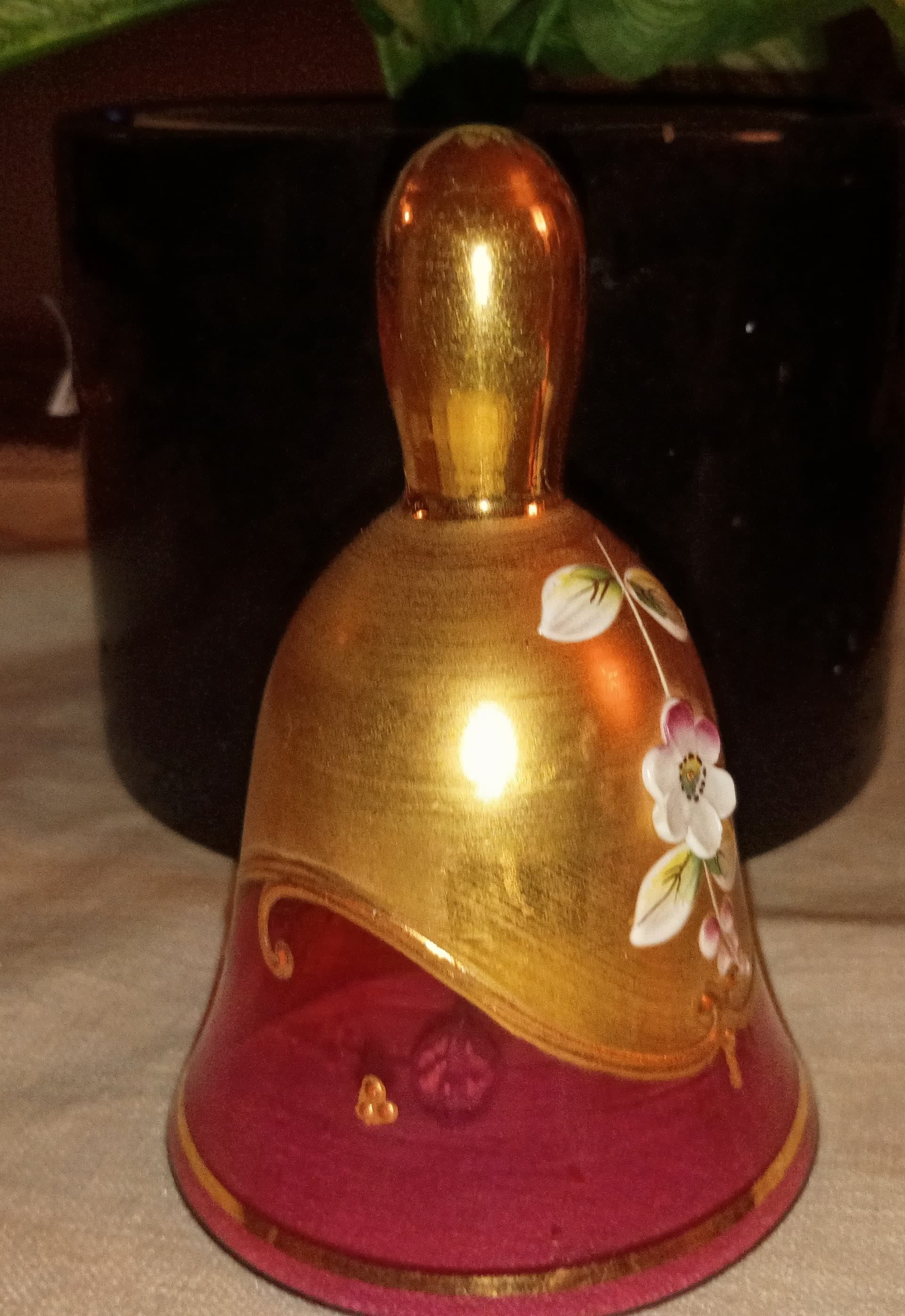 Vintage Czech Art Glass 4" Bell - Hand-Blown Bohemian Crystal with Applied Glass Florals - Thumbnail 4