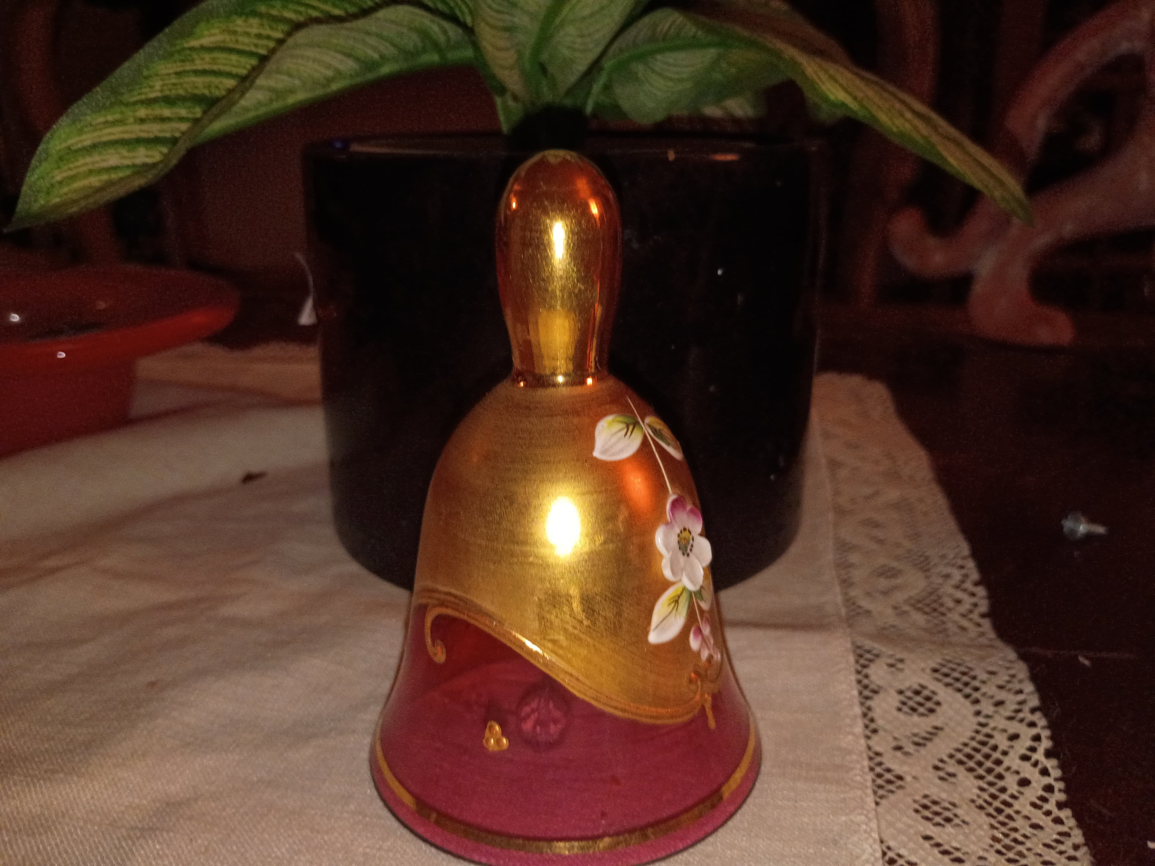 Vintage Czech Art Glass 4" Bell - Hand-Blown Bohemian Crystal with Applied Glass Florals - Thumbnail 3