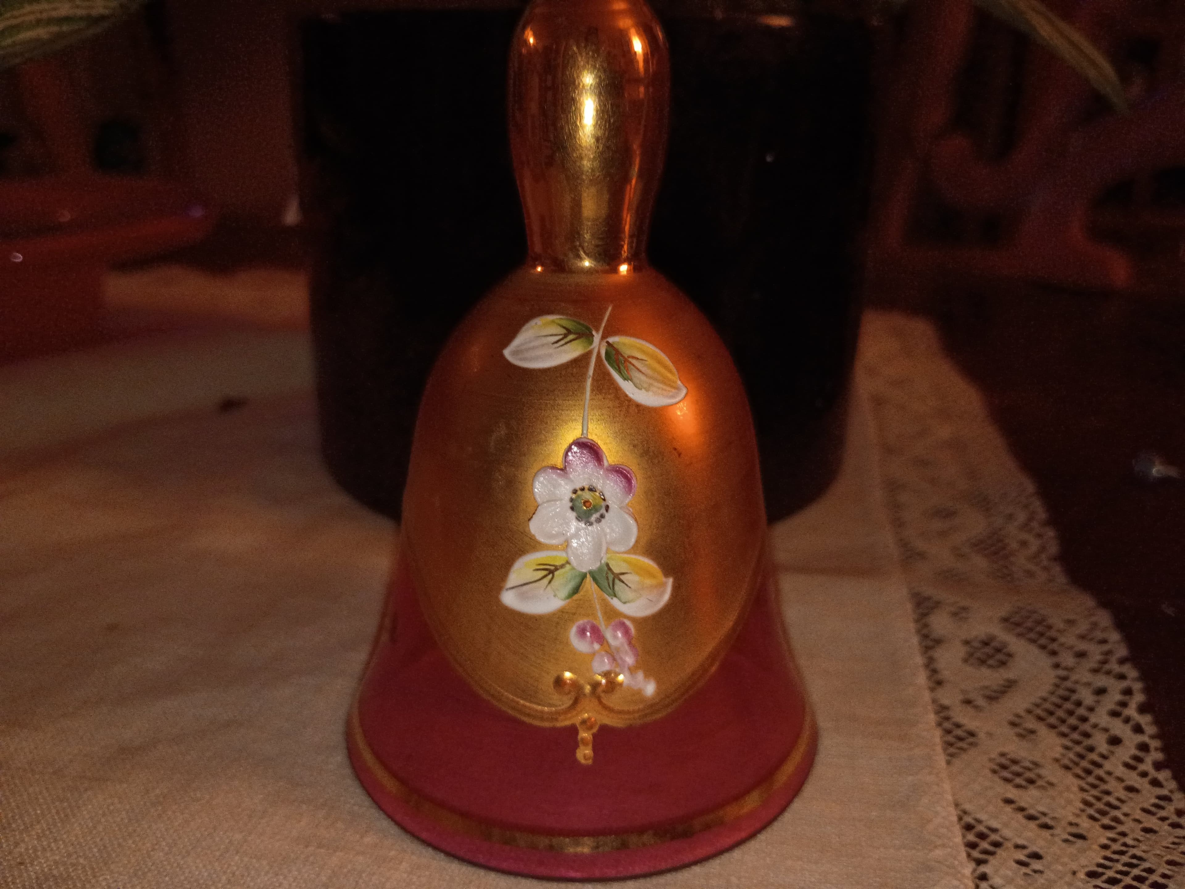 Vintage Czech Art Glass 4" Bell - Hand-Blown Bohemian Crystal with Applied Glass Florals - Thumbnail 2