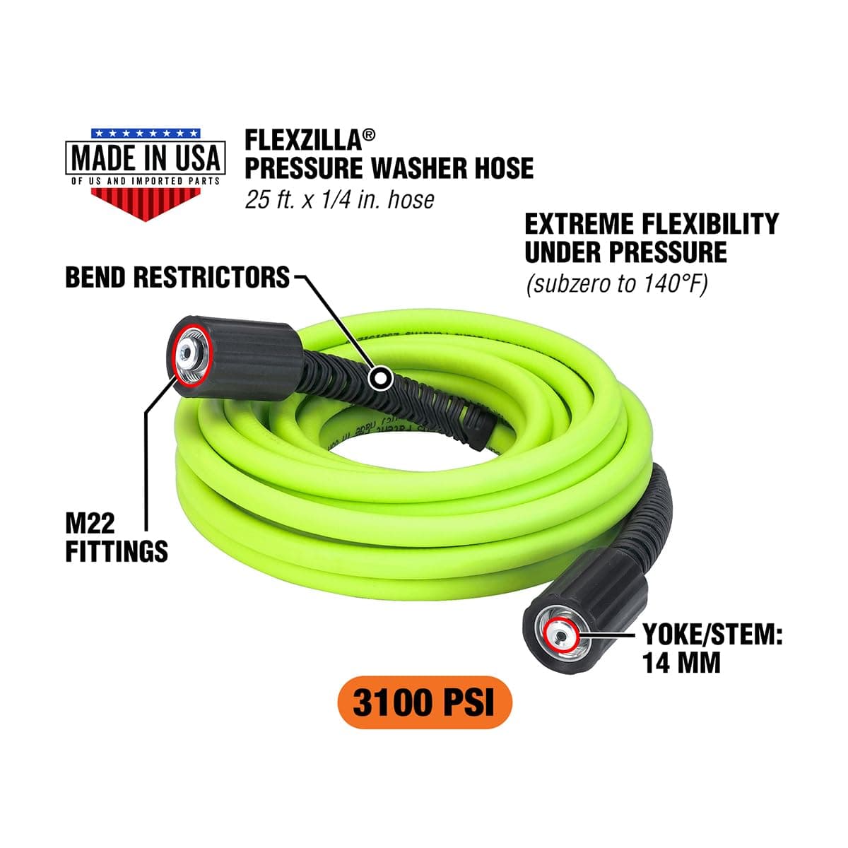Flexzilla Pressure Washer Hose with M22 Fittings, 1/4 in. x 25 ft., ZillaGreen - - Thumbnail 2