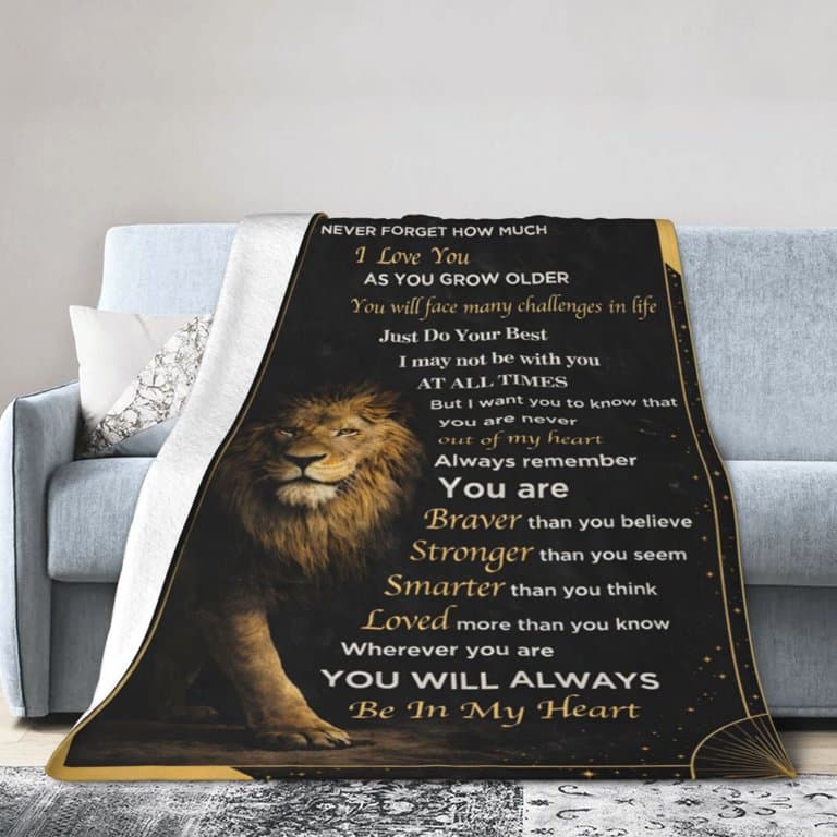 Lion Print Fleece Blanket with Inspirational Quote - Image 1