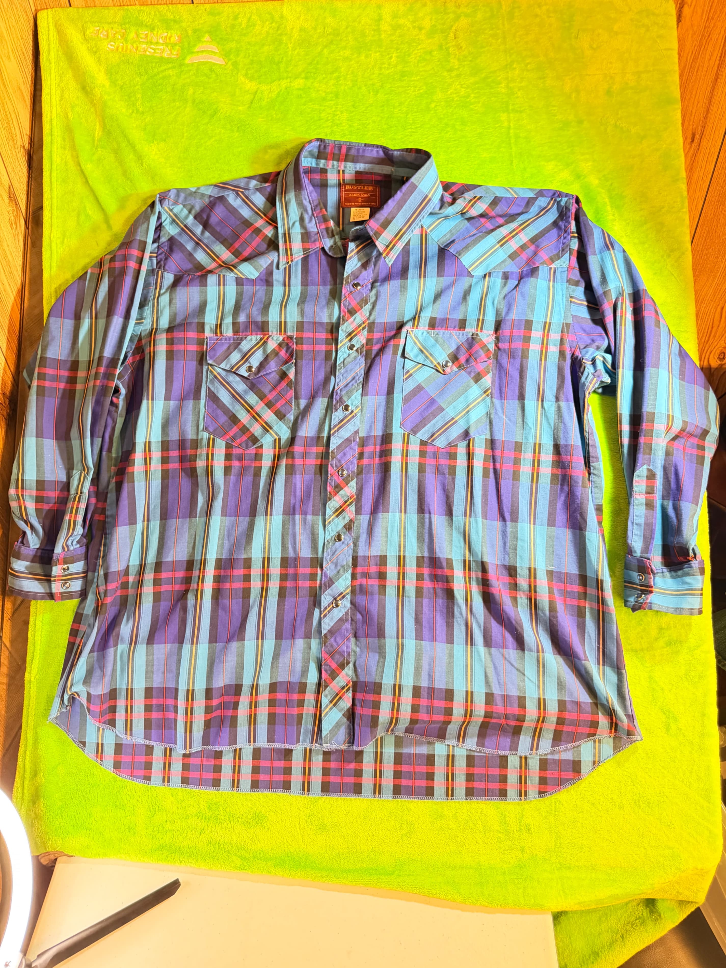 Rustler Plaid Western Shirt XL Long Tails Blue Red Cotton Blend - Image 1