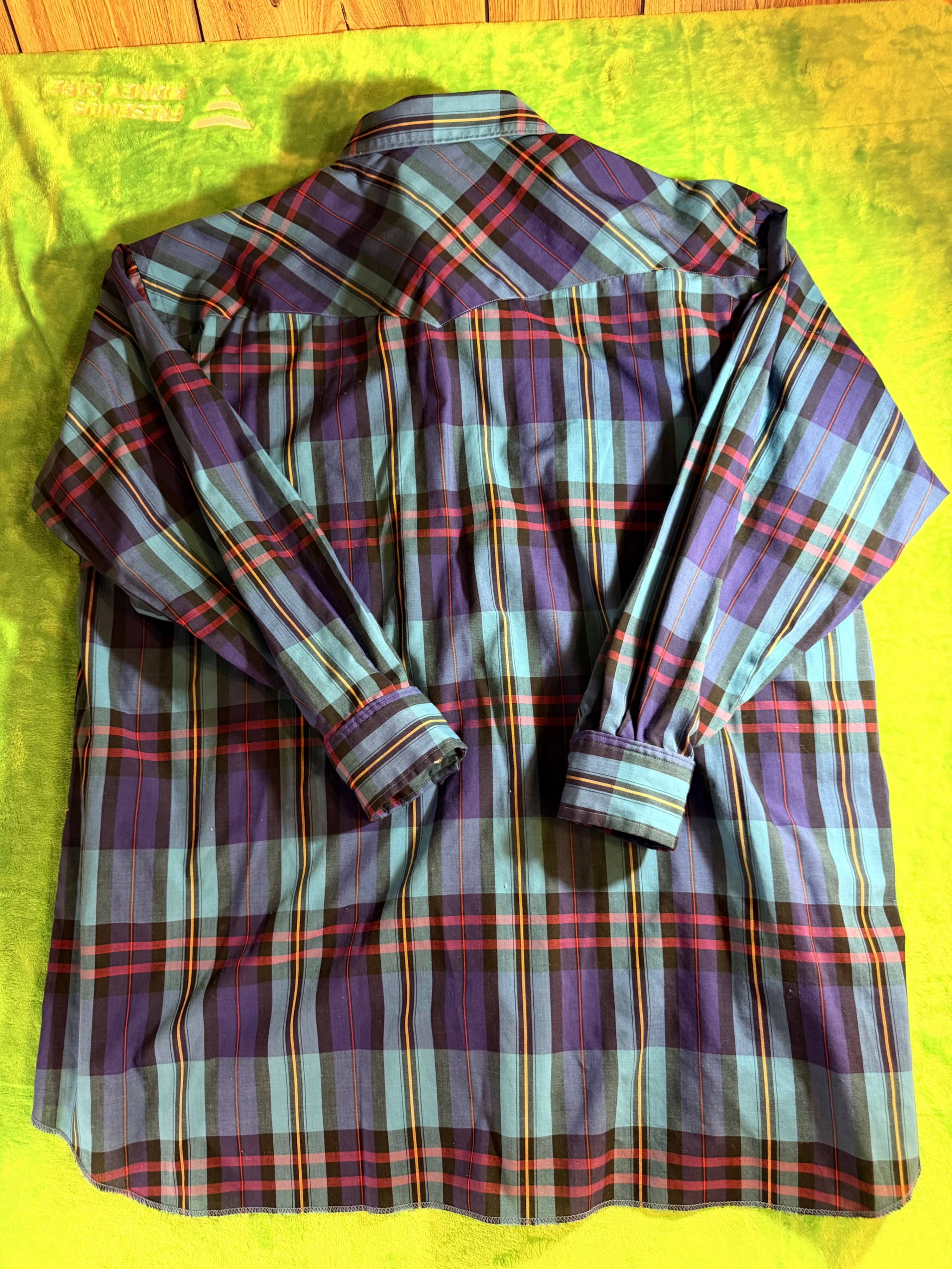 Rustler Plaid Western Shirt XL Long Tails Blue Red Cotton Blend - Thumbnail 2