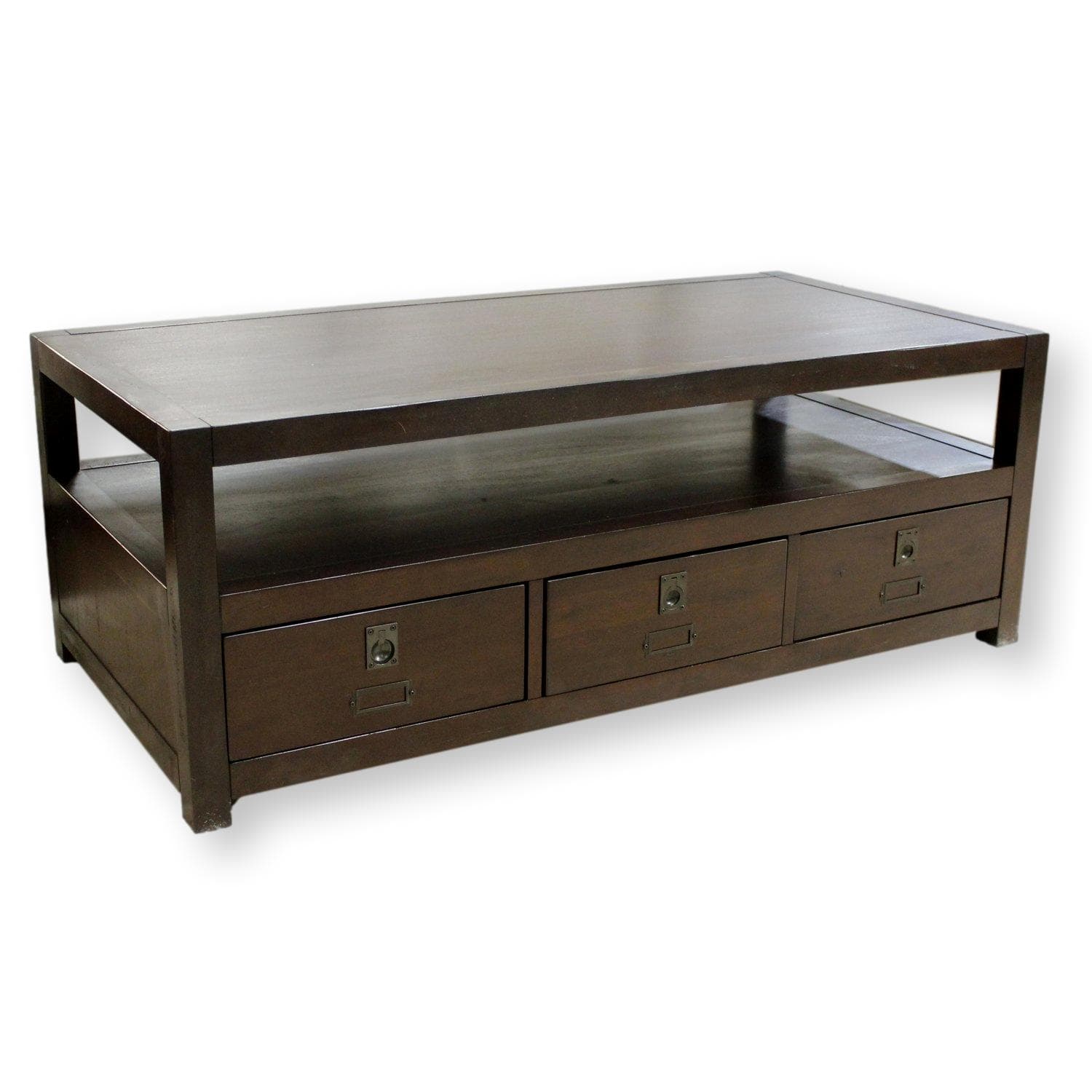 Pottery Barn "Ryhs" Dark Brown 3 Drawer Coffee Table - Dark Brown - Image 1