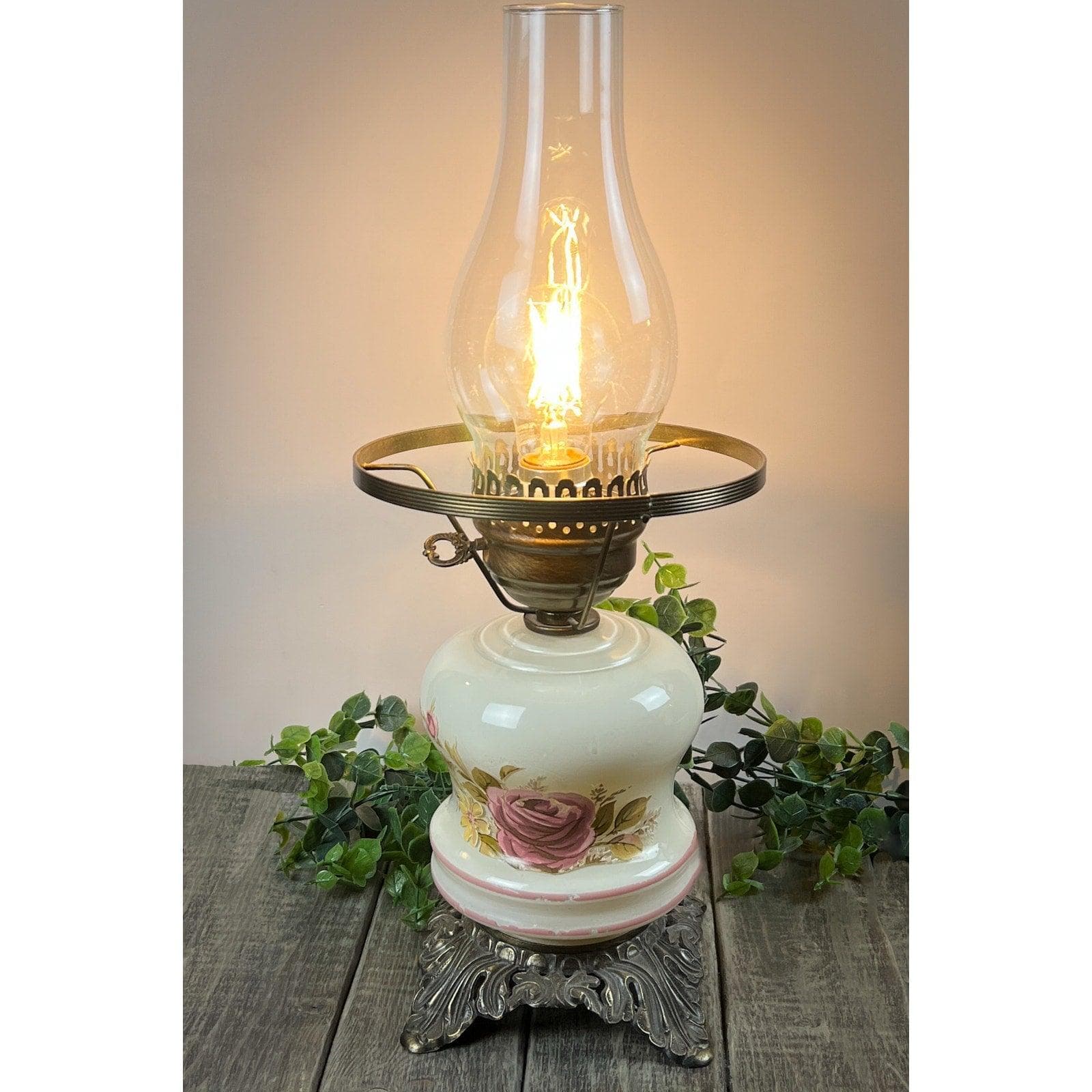 Vintage Accurate Casting Rose Hurricane Lamp | Pink Floral Milk Glass Parlor Light