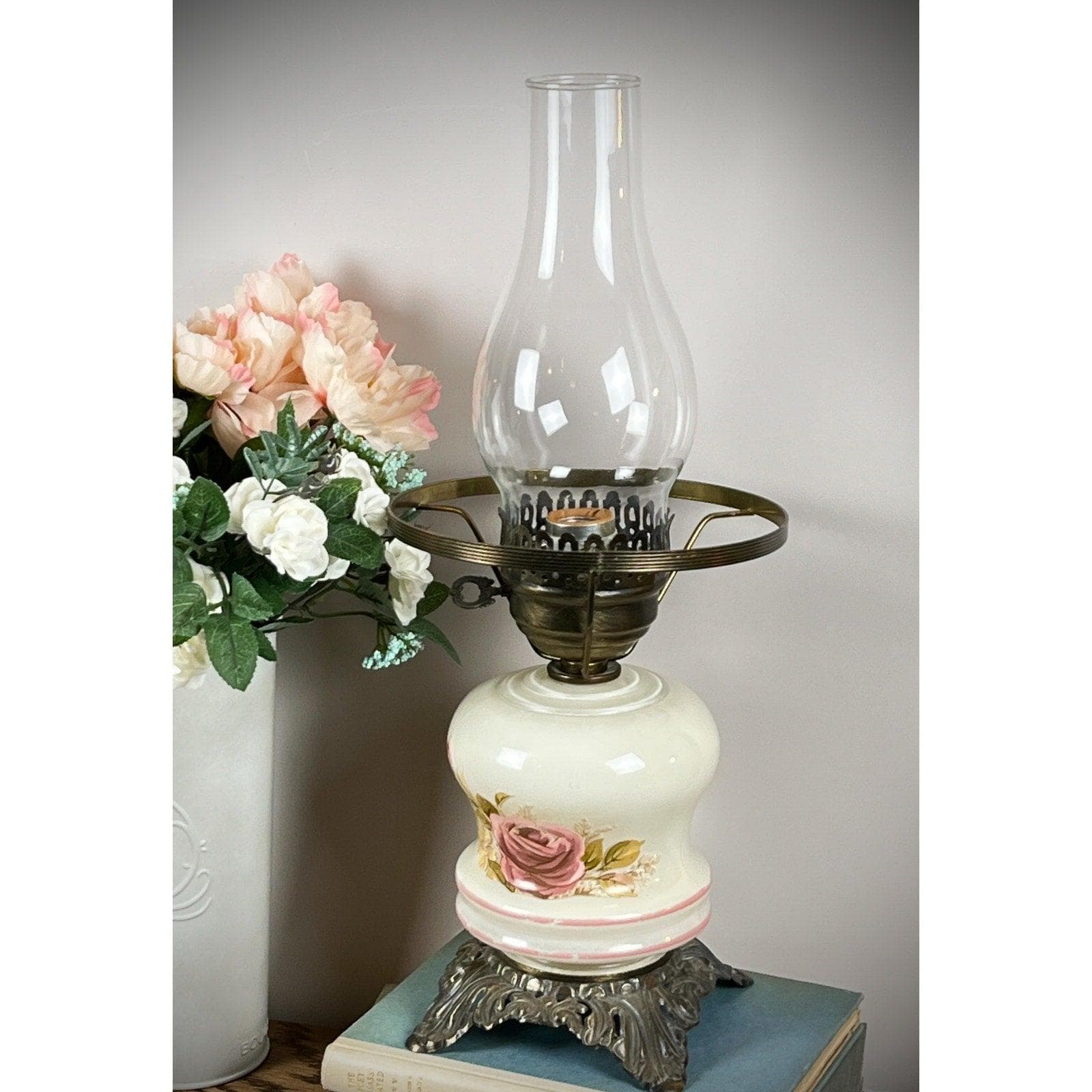 Vintage Accurate Casting Rose Hurricane Lamp | Pink Floral Milk Glass Parlor Light - Thumbnail 3