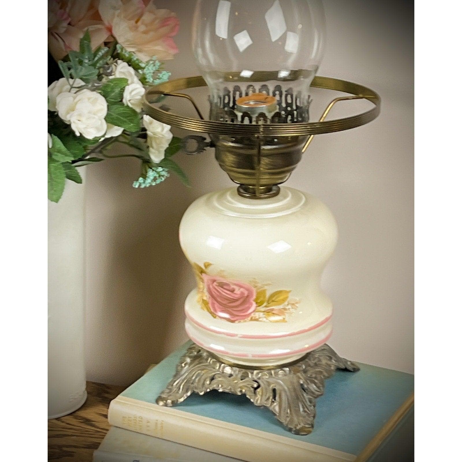 Vintage Accurate Casting Rose Hurricane Lamp | Pink Floral Milk Glass Parlor Light - Thumbnail 4