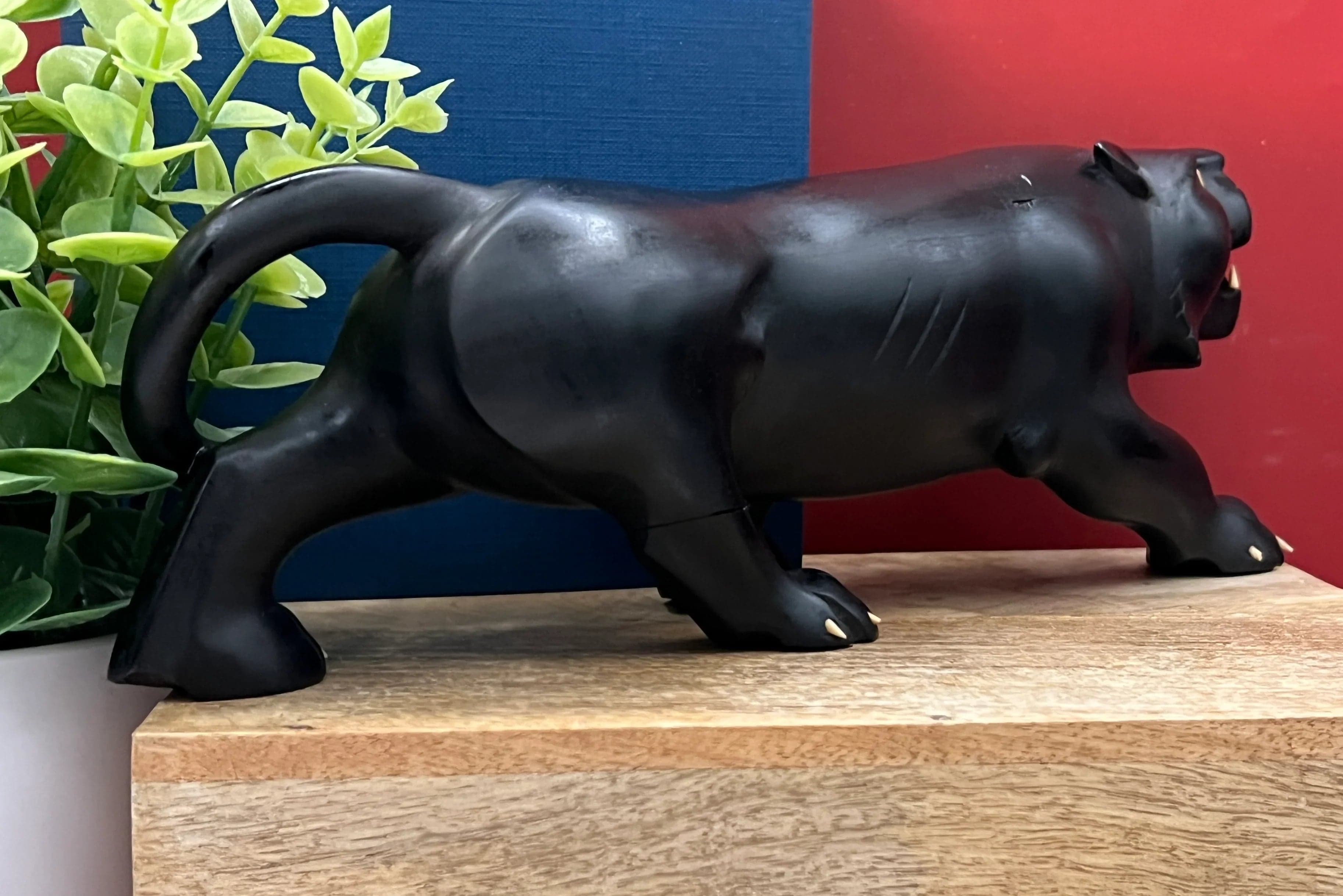 Vintage Hand Carved Ebony Wood Panther Sculpture with Bone Inlay - Thumbnail 4