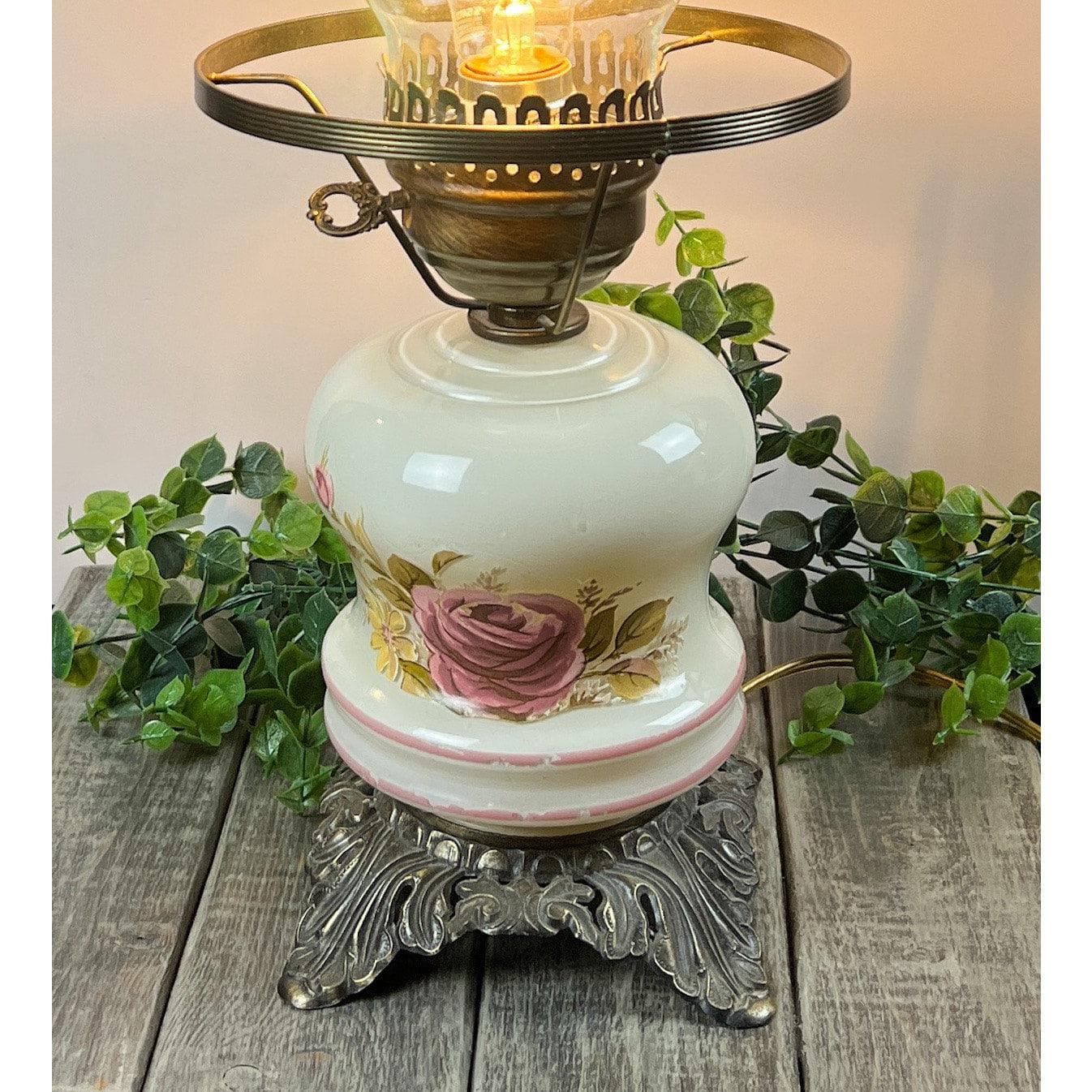Vintage Accurate Casting Rose Hurricane Lamp | Pink Floral Milk Glass Parlor Light - Thumbnail 2