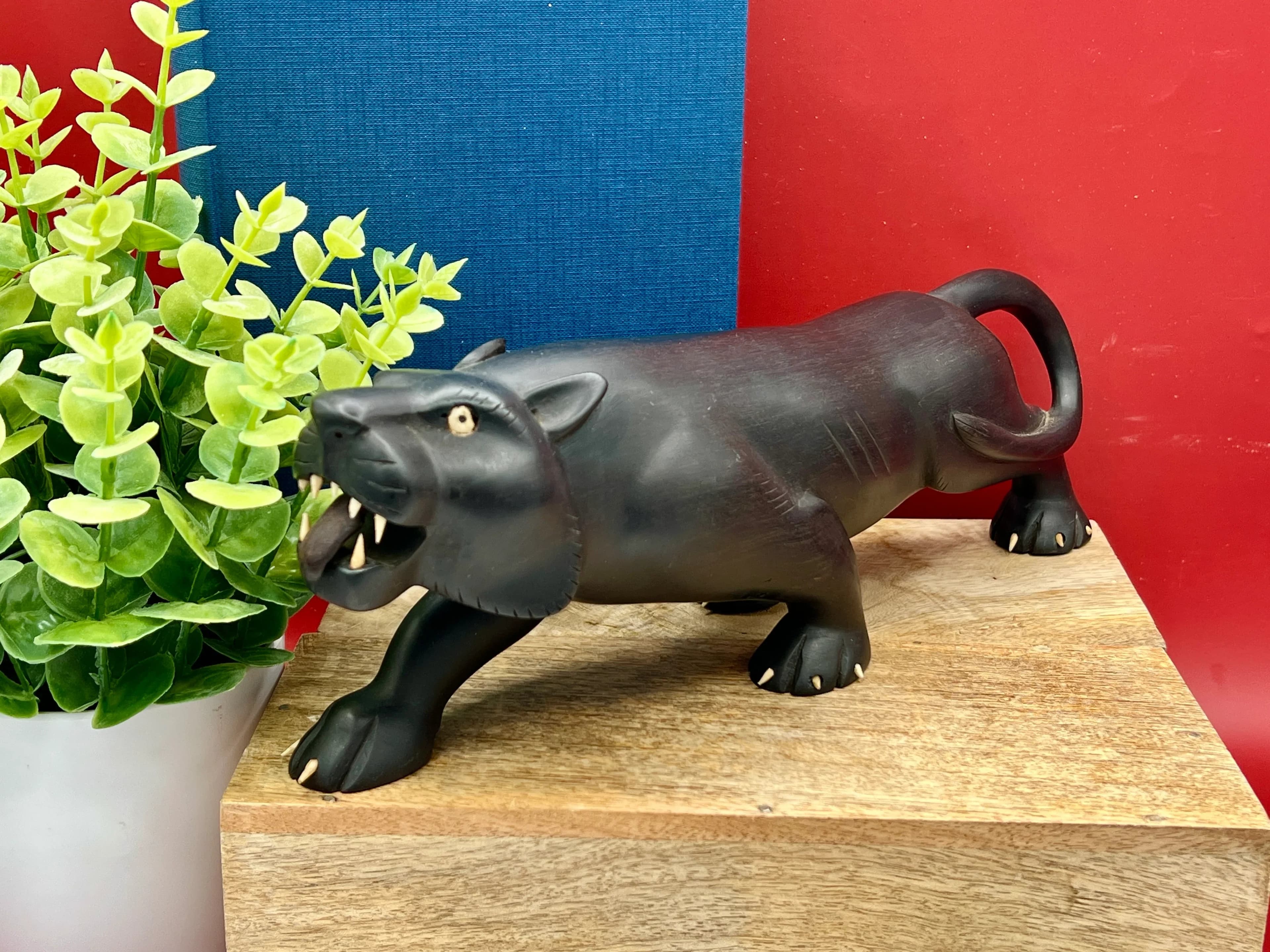 Vintage Hand Carved Ebony Wood Panther Sculpture with Bone Inlay - Image 1