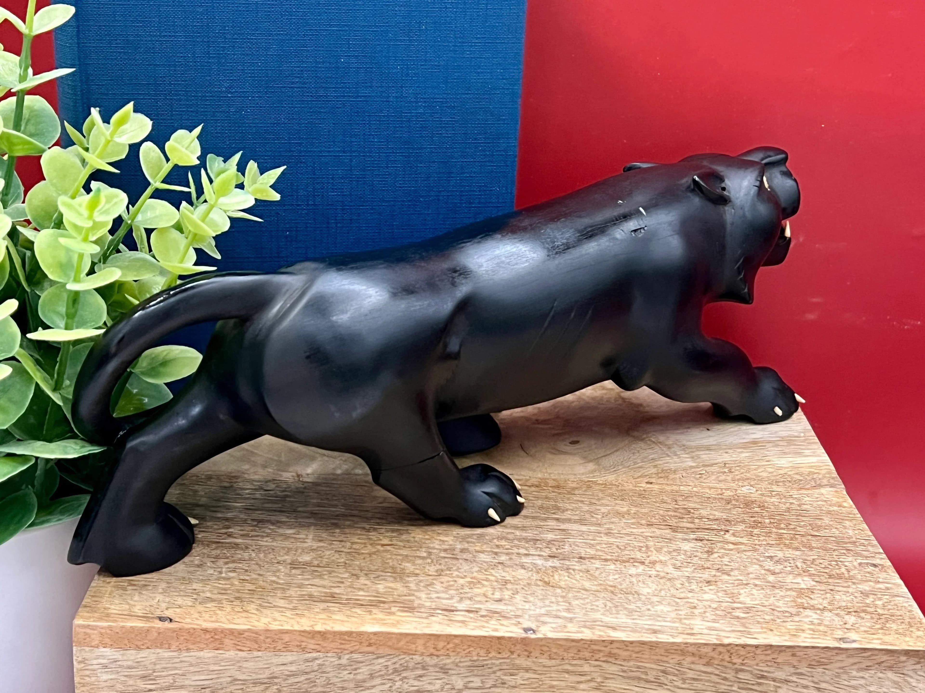 Vintage Hand Carved Ebony Wood Panther Sculpture with Bone Inlay - Thumbnail 3
