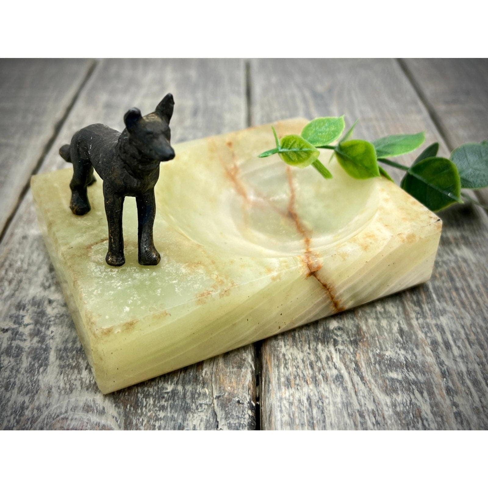 Vintage Brass Dog Figurine on Onyx Trinket Dish or Ashtray - Unique Decor - Image 1