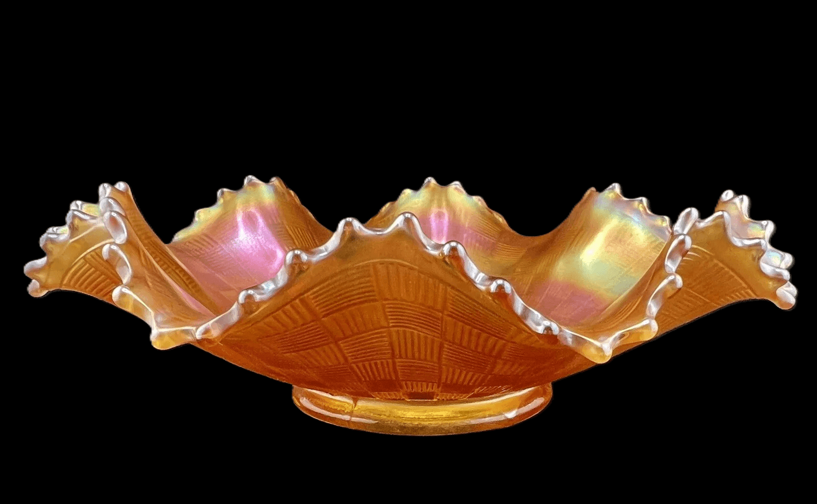 Northwood 8" Amber Basketweave Ruffled Carnival Glass Bowl - Pristine - Thumbnail 2