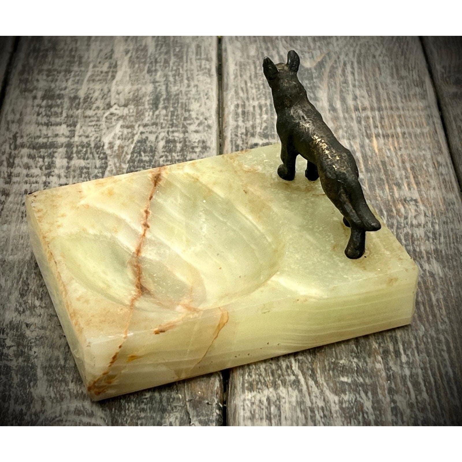 Vintage Brass Dog Figurine on Onyx Trinket Dish or Ashtray - Unique Decor - Thumbnail 7