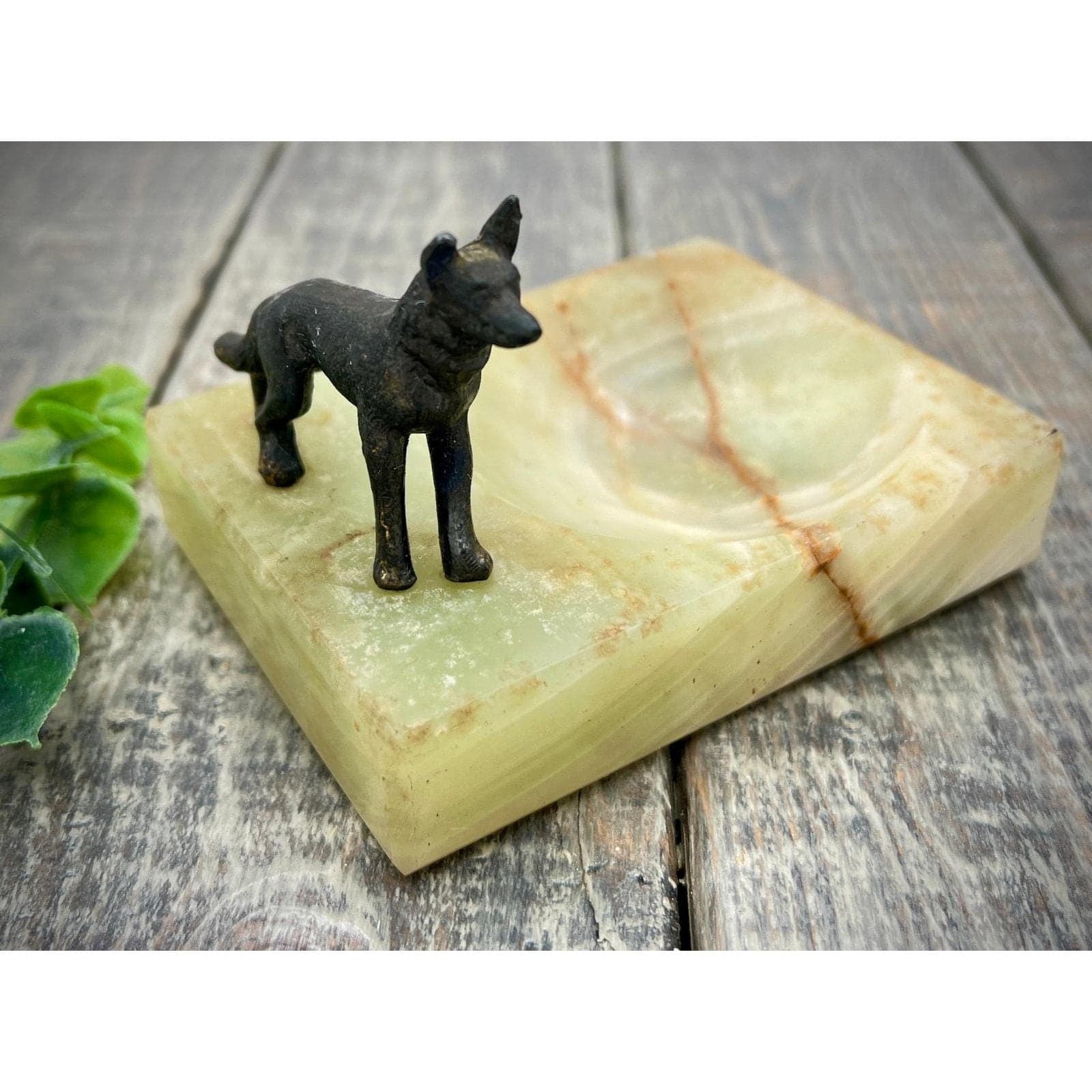 Vintage Brass Dog Figurine on Onyx Trinket Dish or Ashtray - Unique Decor - Thumbnail 8