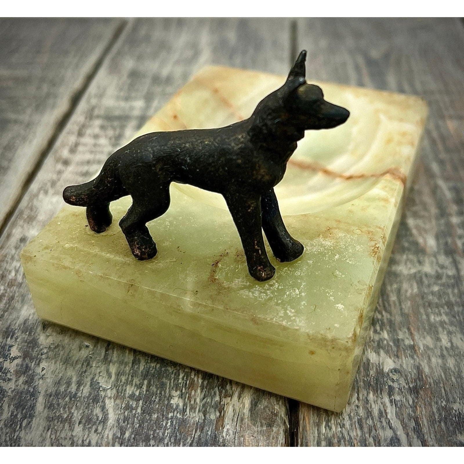 Vintage Brass Dog Figurine on Onyx Trinket Dish or Ashtray - Unique Decor - Thumbnail 2