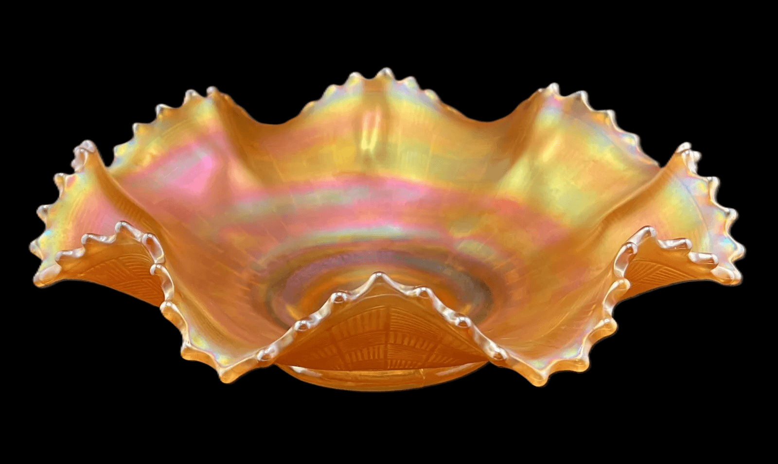 Northwood 8" Amber Basketweave Ruffled Carnival Glass Bowl - Pristine - Image 1