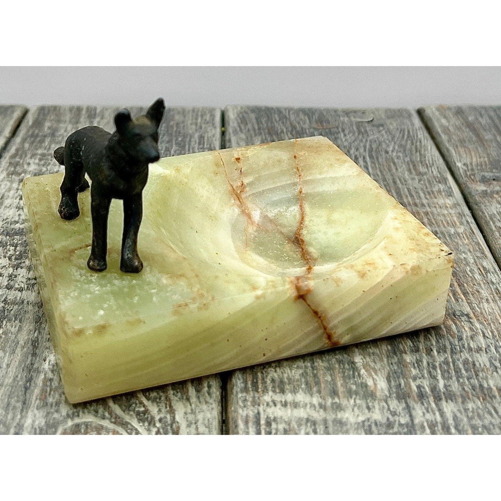Vintage Brass Dog Figurine on Onyx Trinket Dish or Ashtray - Unique Decor - Thumbnail 9