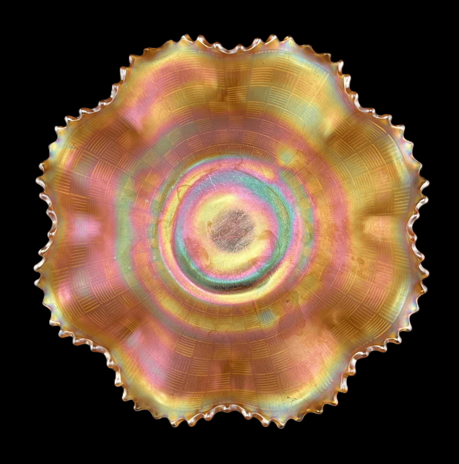 Northwood 8" Amber Basketweave Ruffled Carnival Glass Bowl - Pristine - Thumbnail 3