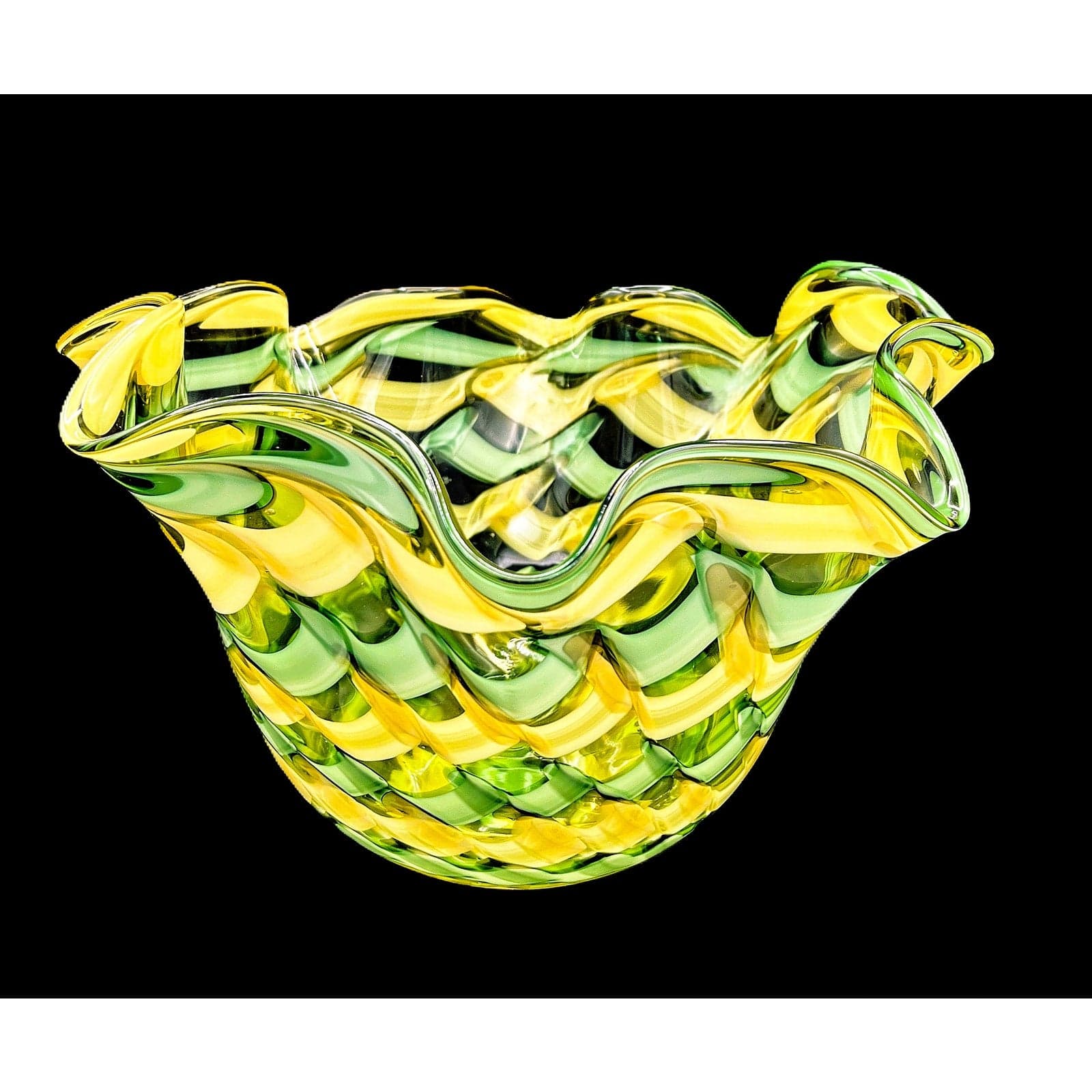 Handblown Midcentury Handkerchief Glass Bowl With Yellow & Green Ribbon Design - Image 1