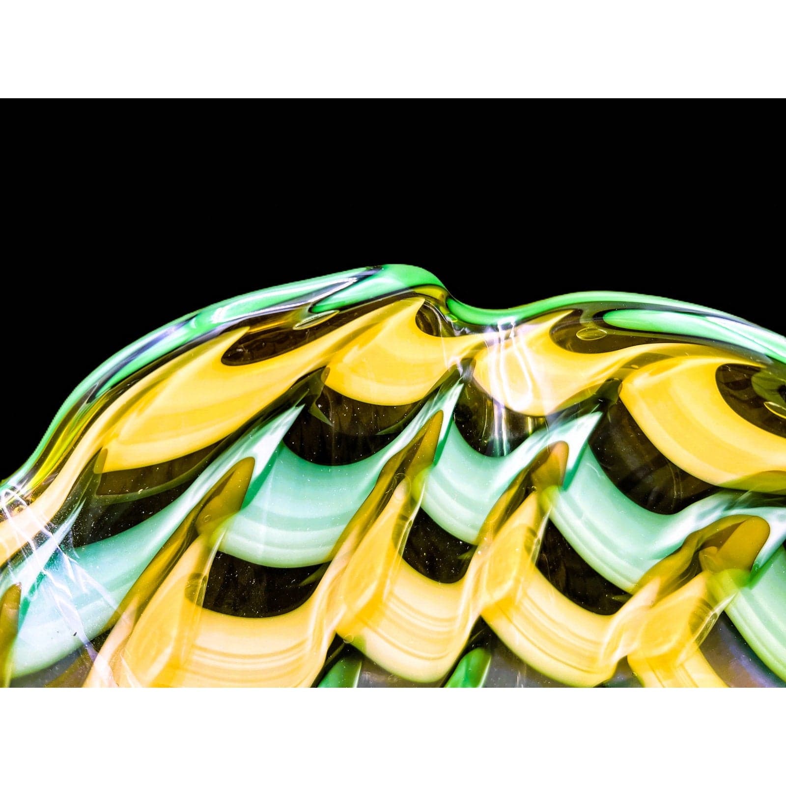 Handblown Midcentury Handkerchief Glass Bowl With Yellow & Green Ribbon Design - Thumbnail 6