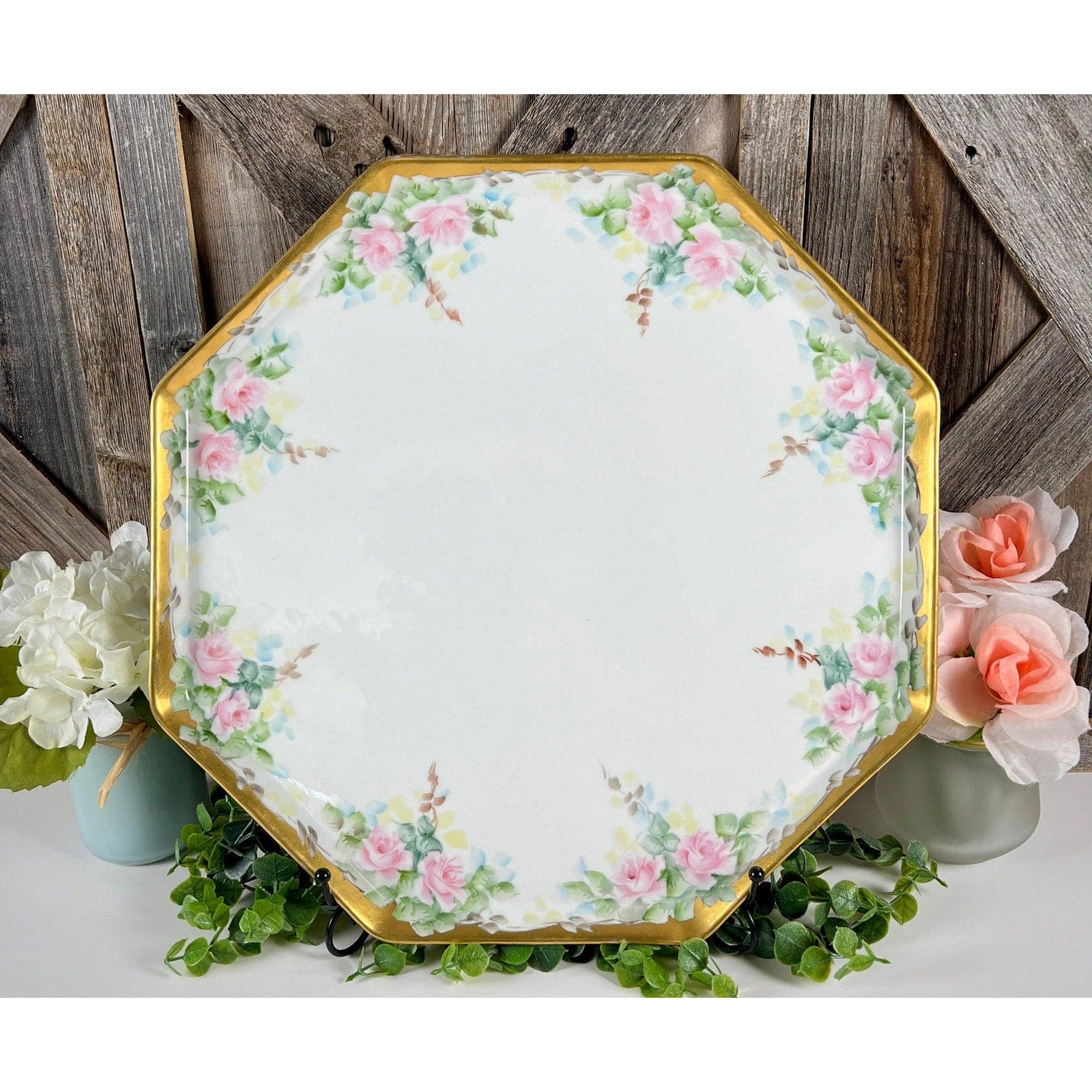 Antique Bernardaud Limoges Pink Rose 15.5 Inch Octagonal Porcelain Platter - Image 1