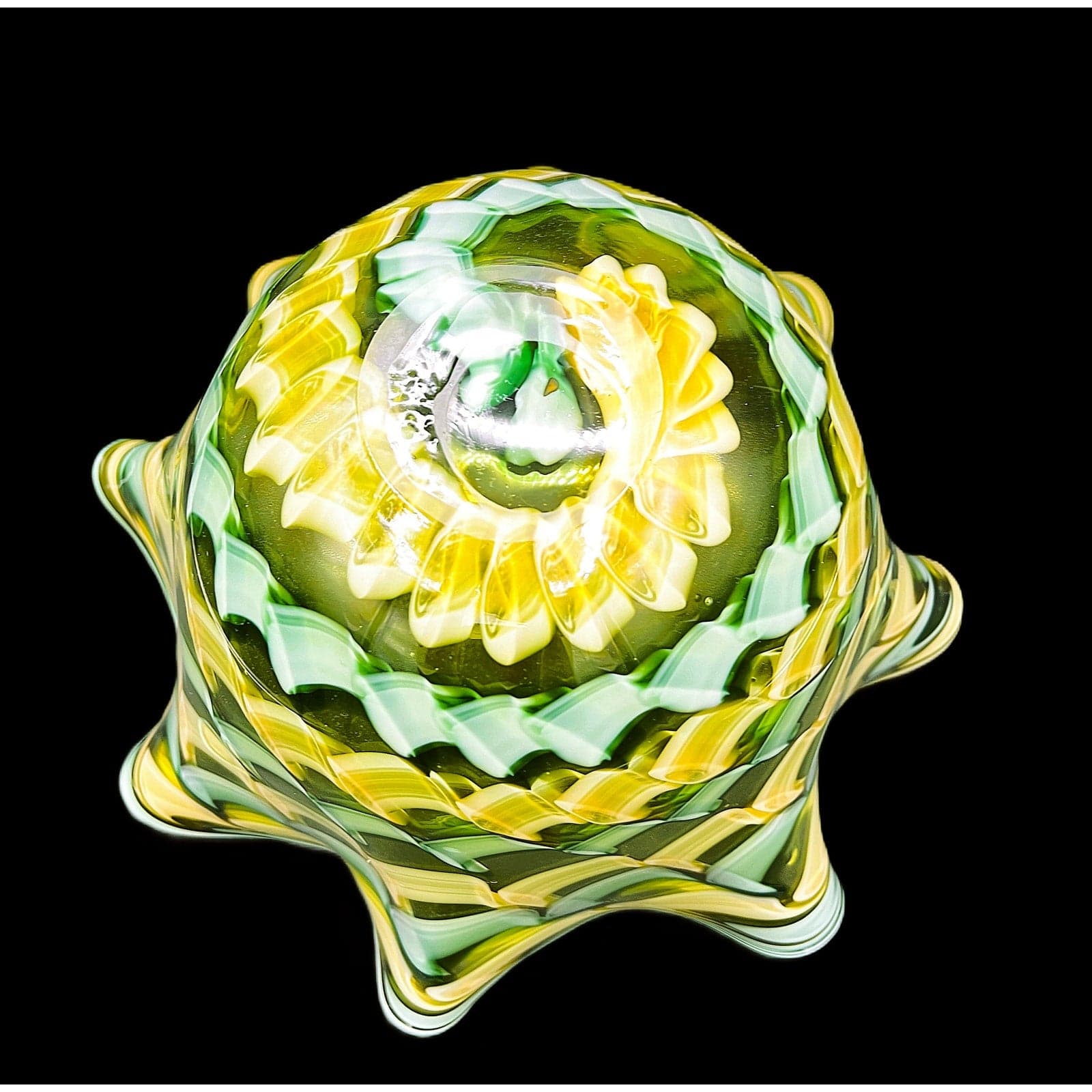 Handblown Midcentury Handkerchief Glass Bowl With Yellow & Green Ribbon Design - Thumbnail 10